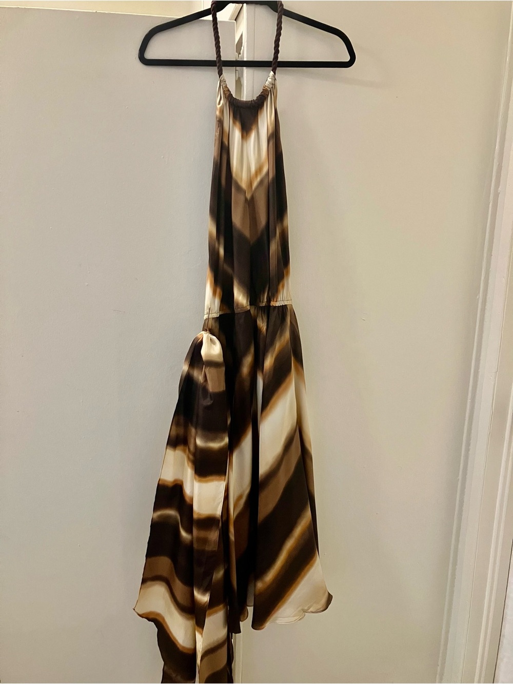 Banana Republic Halter Silk Shades Brown Chevron Backless Cord Neck Dress Sz 12.